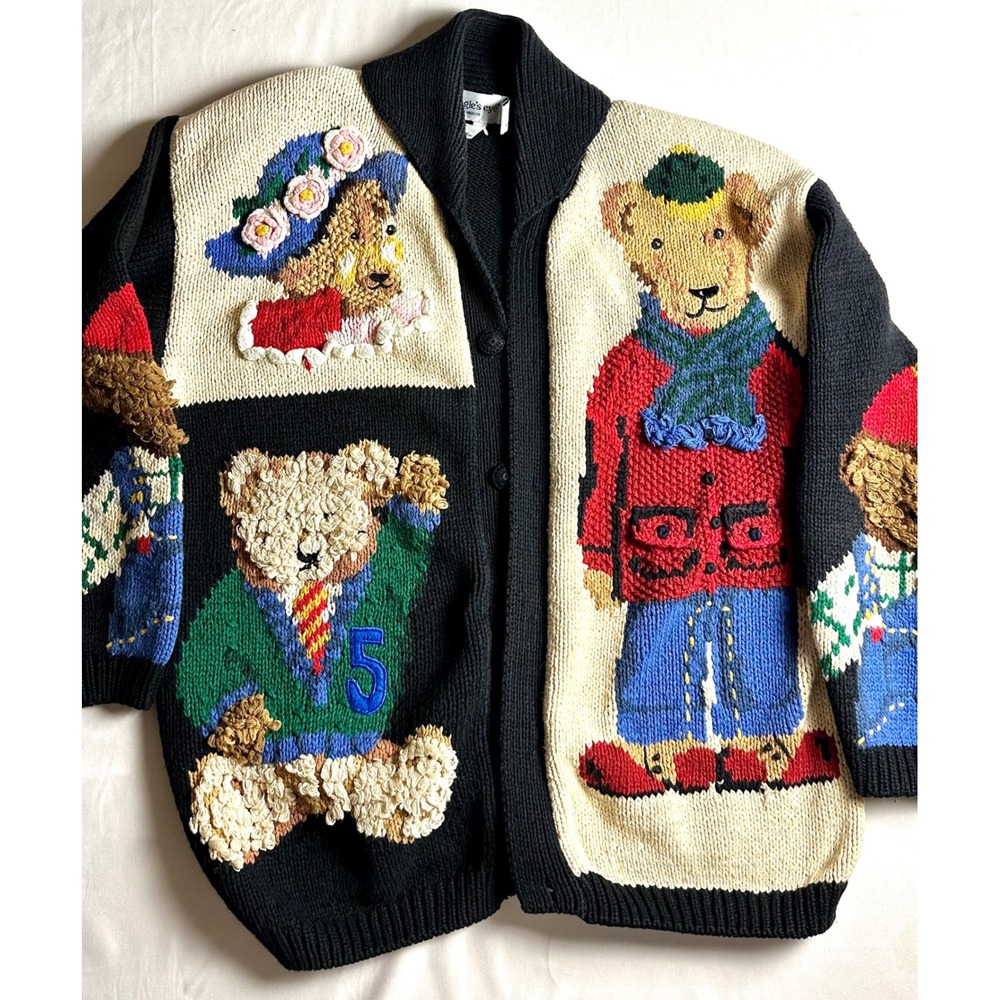 Size Large Vintage Eagles Eye Teddy Bear Hand Knit Cardigan Black Shawl Collar